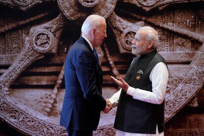 Indian Prime Minister Narendra Modi welcomes U.S. President Joe Biden upon his arrival at Bharat Mandapam convention center for the G20 Summit, in New Delhi, India, on Sept. 9, 2023.