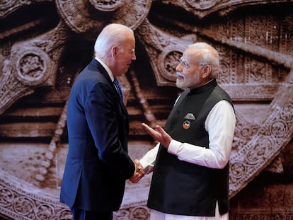 Indian Prime Minister Narendra Modi welcomes U.S. President Joe Biden upon his arrival at Bharat Mandapam convention center for the G20 Summit, in New Delhi, India, on Sept. 9, 2023.