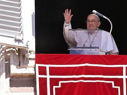 Pope Francis leads his Regina Coeli prayer from the window of his office overlooking Saint Peter's Square, Vatican City, 07 April 2024.