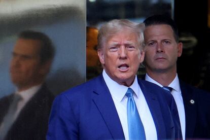 Former U.S. President Donald Trump departs from Trump Tower to give a deposition to New York Attorney General Letitia James who sued Trump and his Trump Organization, in New York City, U.S., April 13, 2023.