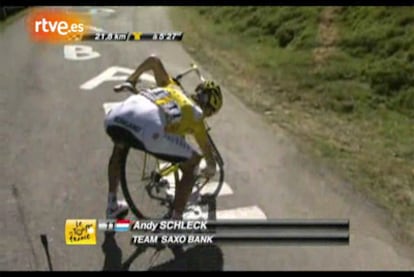 Captura de televisión del instante en el que el ciclista Andy Schleck intenta colocar la cadena de su bicicleta.