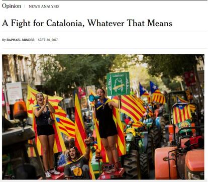 El 'New York Times' opta por destacar un opinión en su portada de la edición digital. "La lucha en Cataluña, signifique lo que signifique".