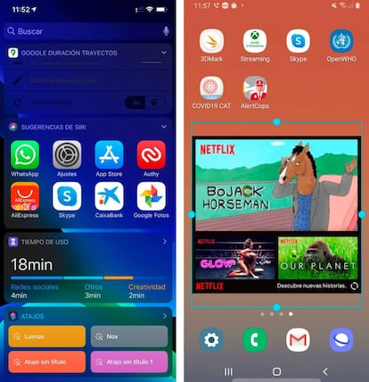 Widgets actuales en iOS (i) y Android (d).