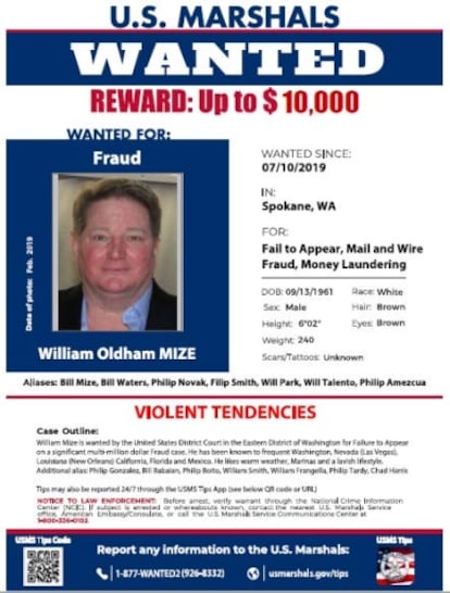 The US Marshals' wanted poster for William Mize IV, who remains on the run. 