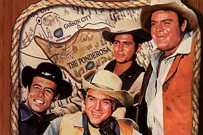 Actores de la serie <i>Bonanza</i>. Michael Landon, de pie, a la izquierda.