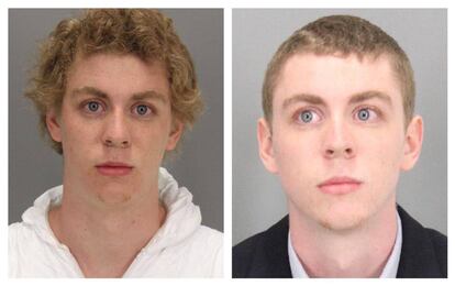 Brock Turner, ao ser preso janeiro de 2015 (&agrave; esquerda) e ao ser condenado por estupro em junho de 2016 (&agrave; direita).