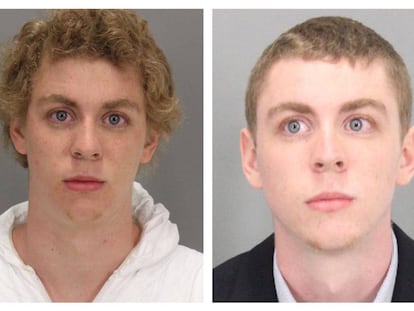 Brock Turner, ao ser preso janeiro de 2015 (&agrave; esquerda) e ao ser condenado por estupro em junho de 2016 (&agrave; direita).