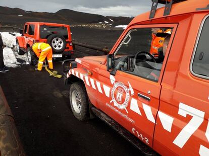 Firefighters patrolling the roads on the island of Tenerife.