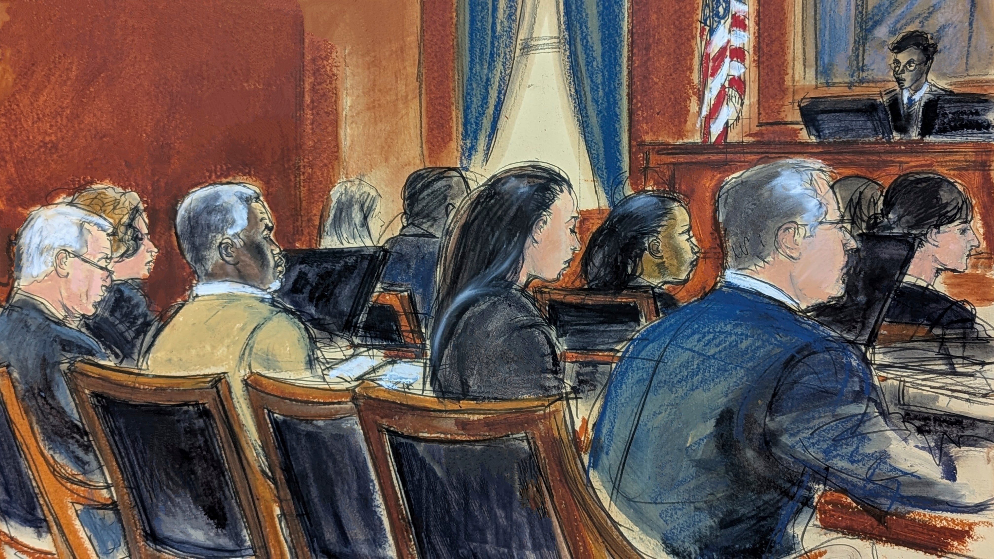 Sean Combs conocerá su sentencia el 3 de octubre 1 Un dibujo realizado en la corte donde se aprecia a Sean Combs, de amarillo, rodeado de sus abogados, en la sala presidida por el juez Arun Subramanian, el 2 de julio de 2025 en Nueva York.