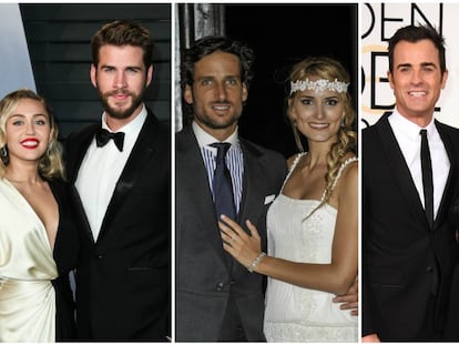 De izquierda a derecha: Miley Cyrus y Liam Hemsworth, Feliciano López y Alba Carrillo y Justin Theroux y Jennifer Aniston.