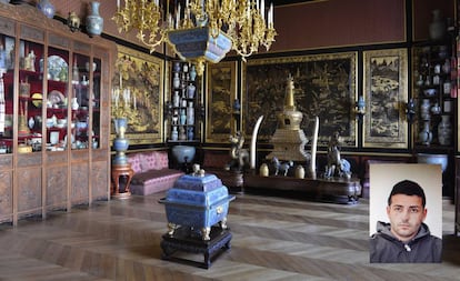 Asian artwork in the Palace of Fontainebleau and a police photo of suspect Juan María Gordillo Plaza.