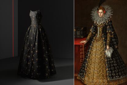Negro y oro en el Retrato de dama atribuido a Rodrigo de Villandrando (hacia 1600-1606), del Museo Lázaro Galdiano, y en este vestido de noche de tul de seda y purpurina de 1954 parte de la colección de Dominique Sirop.