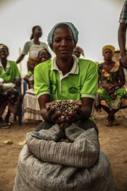 Una mujer con semillas de moringa.