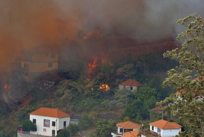 O fogo se aproxima das casas em Curral dos Romeiros, perto de Funchal, ilha da Madeira.