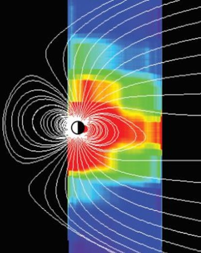 La Tierra rodeada de las líneas de campo magnético (blancas) y por plasma (en diferentes densidades) captado por el satélite Ibex.