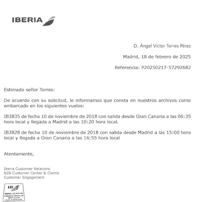 Justificante vuelo de  Ángel Víctor Torres.