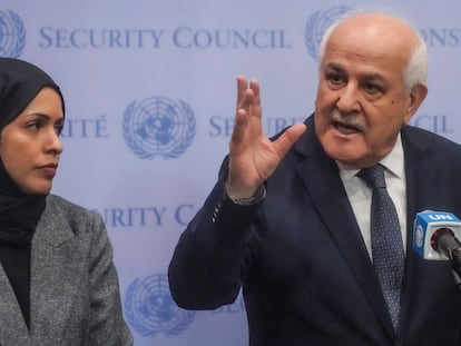 Palestinian United Nations Ambassador Riyad Mansour, right, speaks during a press conference ahead of a U.N. General Assembly vote on a resolution calling for a cease fire between Israel and Hamas in Gaza, Tuesday, Dec. 12, 2023, at U.N. headquarters.