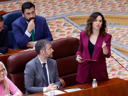 La presidenta de la Comunidad de Madrid, Isabel Díaz Ayuso, intervenía en el pleno de la Asamblea de Madrid, este jueves.