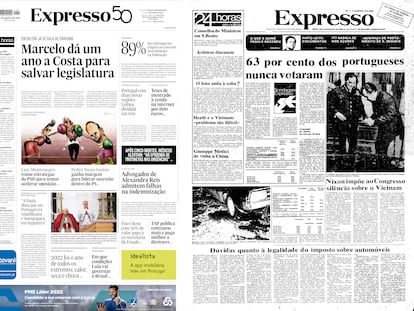 La portada del primer número del 'Expresso' el 6 de enero de 1973 y la portada que conmemoró los 50 años de su fundación, en enero de 2023.