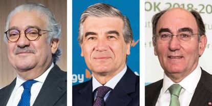 De izquierda a derecha: José Bogas, CEO de Endesa; Francisco Reynés, presidente de Naturgy, e Ignacio Sánchez Galán, presidente de Iberdrola.