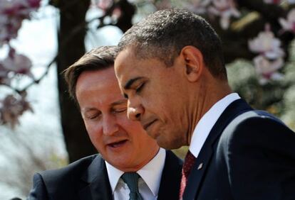 El presidente Barack Obama y el primer ministro brit&aacute;nico, David Cameron, participan en una rueda de prensa hoy en la Casa Blanca.