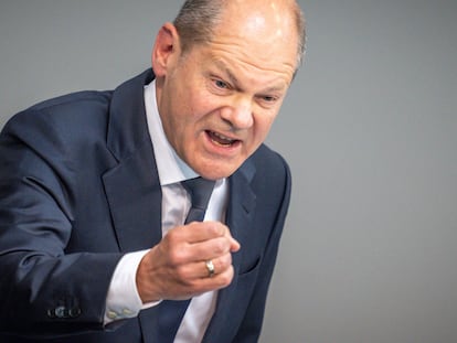 El canciller alemán, Olaf Scholz, durante su intervención en el Parlamento alemán este miércoles.