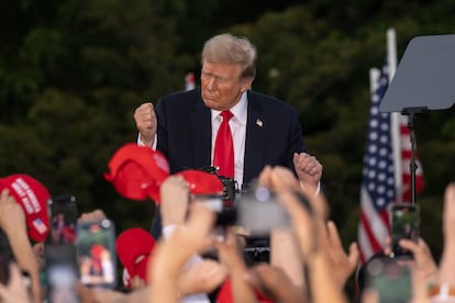 Donald Trump dances at the end of his speech in the Bronx, May 23.