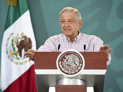 El presidente Andrés Manuel López Obrador, en su mañanera en Torreón (Coahuila) este miércoles.