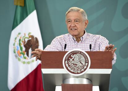 El presidente Andrés Manuel López Obrador este miércoles en una conferencia en Torreón, Coahuila.
