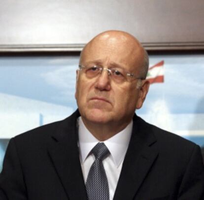 El primer ministro libanés, Najib Mikati, durante la rueda de prensa de hoy.