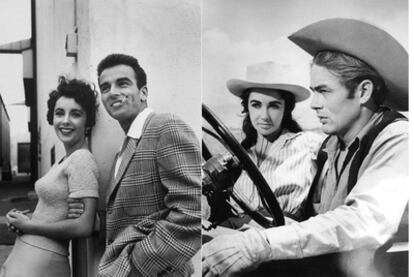 A la izquierda, con Montgomery Clift en Paramount durante la filmación de <i>Un lugar en el sol </i><b>(1951)</b>. Con Dean, en <i>Gigante </i>(1956).
