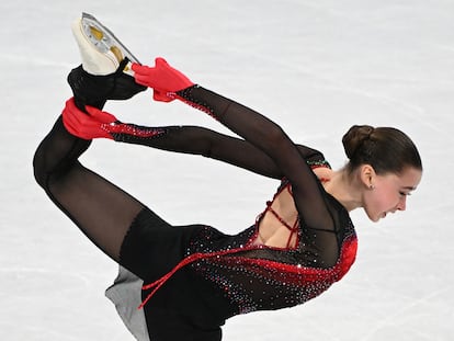 Russia's Kamila Valieva competes in the women's single skating free skating of the figure skating event during the Beijing 2022 Winter Olympic Games in Beijing on February 17, 2022.
