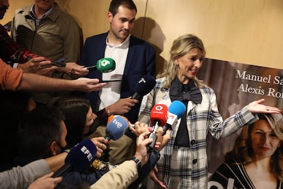 Yolanda Díaz, a su llegada a la presentación de la biografía de Manuel Sánchez y Alexis Romero en el espacio Bertelsmann de Madrid.