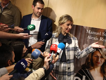 Yolanda Díaz, a su llegada a la presentación de la biografía de Manuel Sánchez y Alexis Romero en el espacio Bertelsmann de Madrid.