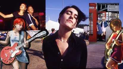 De izquierda a derecha, Sonya Madan y Debbie Smith, de Echobelly; Miki Berenyi, de Lush; Justine Frischmann, de Elastica; Carrie Askew y Jacqui Blake, de Shampoo y Louise Wener, de Sleeper. Todas fotografiadas en los noventa.