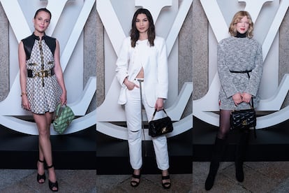 Alicia Vikander, Gemma Chan y Lea Seydoux en el desfile de Louis Vuitton con diversas versiones del bolso GO-14.