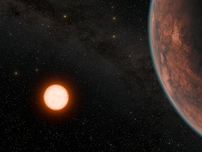 El nuevo exoplaneta Gliese 12 b, a la derecha, y su estrella.