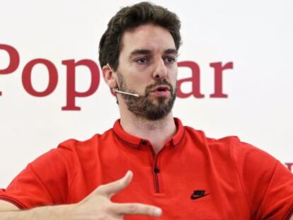 El jugador de baloncesto en la NBA y de la selecci&oacute;n espa&ntilde;ola Pau Gasol, durante la rueda de prensa ofrecida en Madrid.