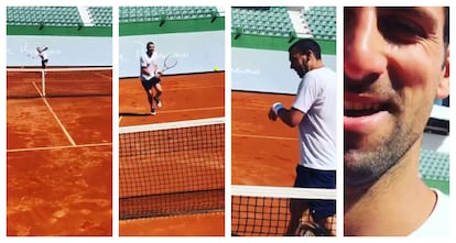 Djokovic pelotea con Carlos Gómez-Herrera en el Club de Tenis Puente Romano de Marbella.