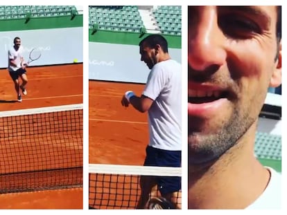 Djokovic pelotea con Carlos Gómez-Herrera en el Club de Tenis Puente Romano de Marbella.