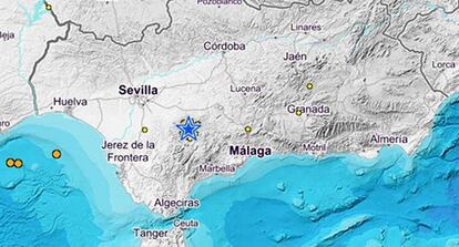 Mapa del epicentro del terremoto en la provincia de Sevilla cerca de las de Málaga y Cádiz.