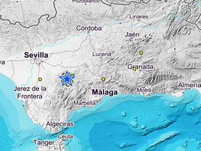 Mapa del epicentro del terremoto en la provincia de Sevilla cerca de las de Málaga y Cádiz.