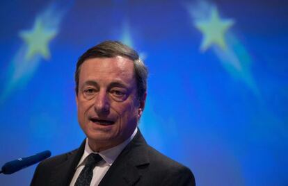 El presidente del BCE, Mario Draghi, durante su dicurso en Berl&iacute;n.