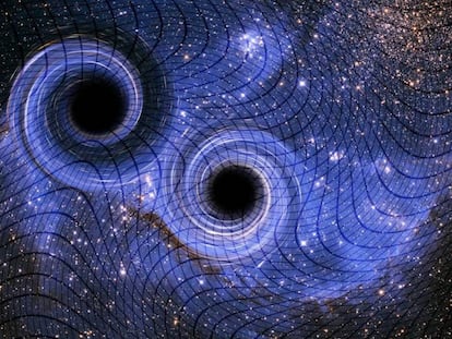 Ilustración de dos agujeros negros.