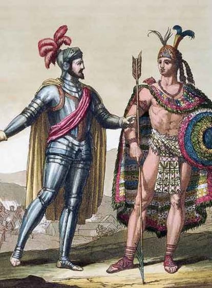 Hernán Cortés y Moctezuma II.