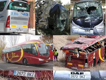 Imatges de l'autobús de Múrcia en l'accident del 2010 (platejat) i aquest cap de setmana (granat).