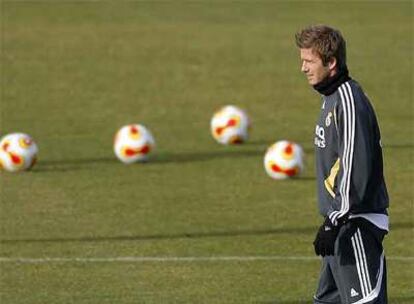 Beckham, durante el entrenamiento de ayer en Valdebebas.