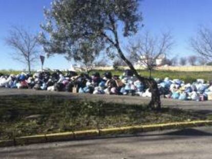 Fotografía cedida por el Ayuntamiento de El Coronil (Sevilla) que muestra el aspecto de una de las calles del municipio la pasada semana con toneladas de basuras acumuladas por una huelga en la recogida.