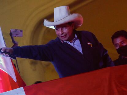 Pedro Castillo celebrating with followers on Thursday in Lima