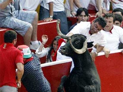 Una vaquilla se cae tras intentar saltar el burladero en el encierro de ayer.